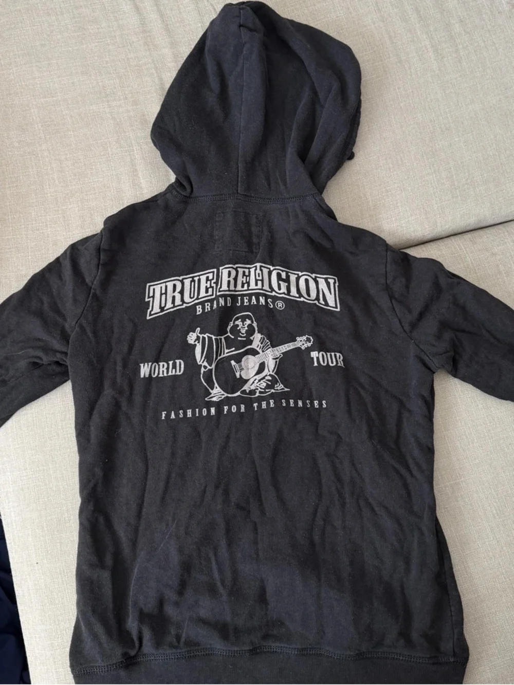 True Religion Black World Tour Zip Up Hoodie Buddha Guitar Logo Y2K
